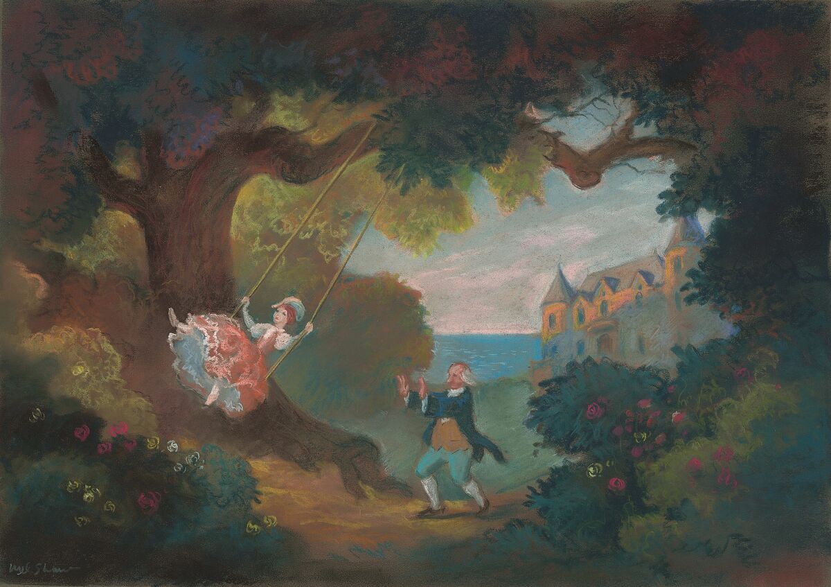 A painting of a man pushing a woman in a swing.