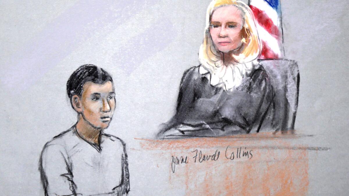 This courtroom sketch by artist Jane Flavell Collins shows defendant Azamat Tazhayakov appearing in front of Federal Magistrate Marianne Bowler at the Moakley Federal Courthouse in Boston in 2013.