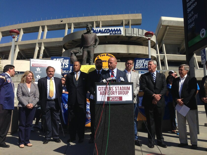 Members if the Citizens Stadium Advisory Group, here at the announcement that the Qualcomm Stadium site would also be home to a new proposed stadium, will meet with NFL executive Eric Grubman this week.
