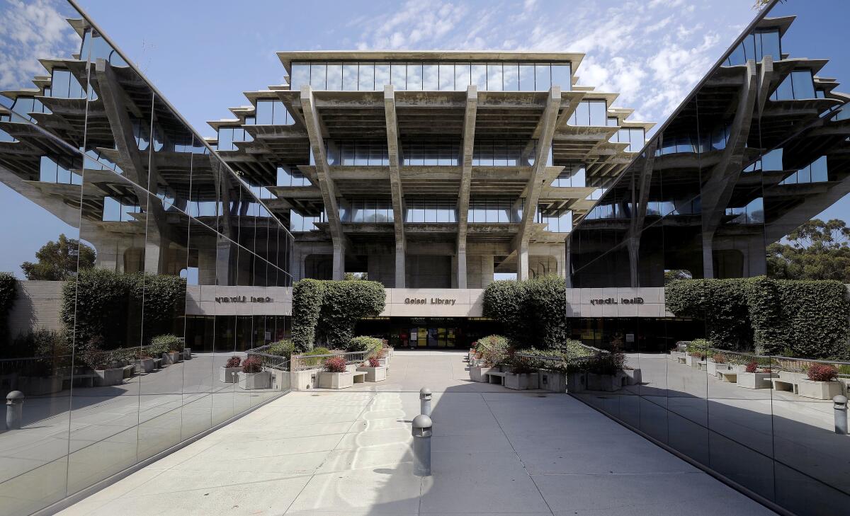 The normally busy Geisel Library at UC San Diego is quiet. 