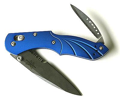 Sleek folding knives fit in a pocket and are ready on the spur of the slice-of-life moment. BENCHMADE SWITCHBACK Large blade is made of S30V, a new, super-hard stainless steel. Rear blade is 440C steel, second to S30V in edge retention. Anodized aluminum handle in blue or black. A tad under 8 inches open. A mere 2.9 ounces. Removable pocket clip. A super-excellent product. $190. (800) 800-7427, www.benchmade.com.
