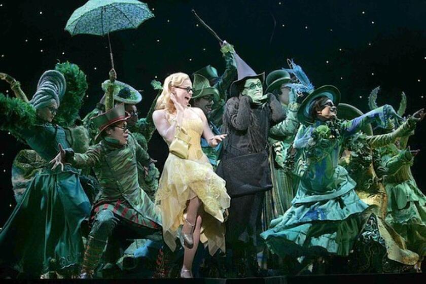 Megan Hilty, center left, portrays the young Glinda, and Eden Espinosa is Elphaba.