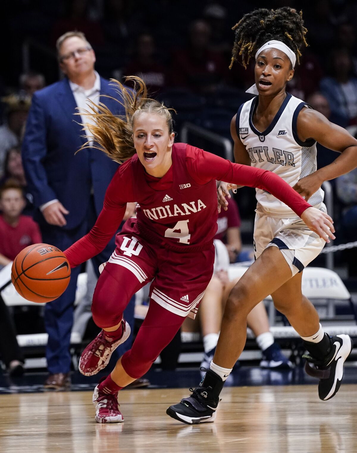 Indiana guard Nicole Cardano-Hillary (4) brings the ball up against Butler during an NCAA college basketball game Wednesday, Nov. 10, 2021, in Indianapolis. (Grace Hollars/The Indianapolis Star via AP)