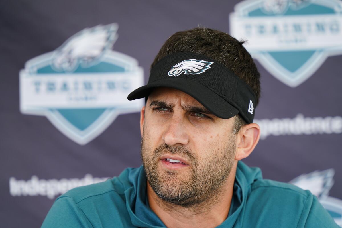 Philadelphia Eagles head coach Nick Sirianni speaks with members of the media during a joint practice with the New England Patriots at the Eagles NFL football training camp Tuesday, Aug. 17, 2021, in Philadelphia. (AP Photo/Matt Rourke)