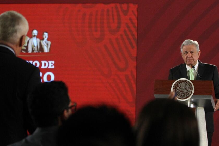 Mandatory Credit: Photo by MARIO GUZMAN/EPA-EFE/REX (10202723c) Mexican President Andres Manuel Lopez Obrador (R) argues with journalist Jorge Ramos (L) about homicide rates in the country, during a press conference at the National Palace, in Mexico City, Mexico, 12 April 2019. Ramos asked the President for strategies to reduce the homicide rates, which has seen a 13,5 per cent increase, during the first months of the year. Mexican President Obrador in a press conference, Mexico City - 12 Apr 2019 ** Usable by LA, CT and MoD ONLY **
