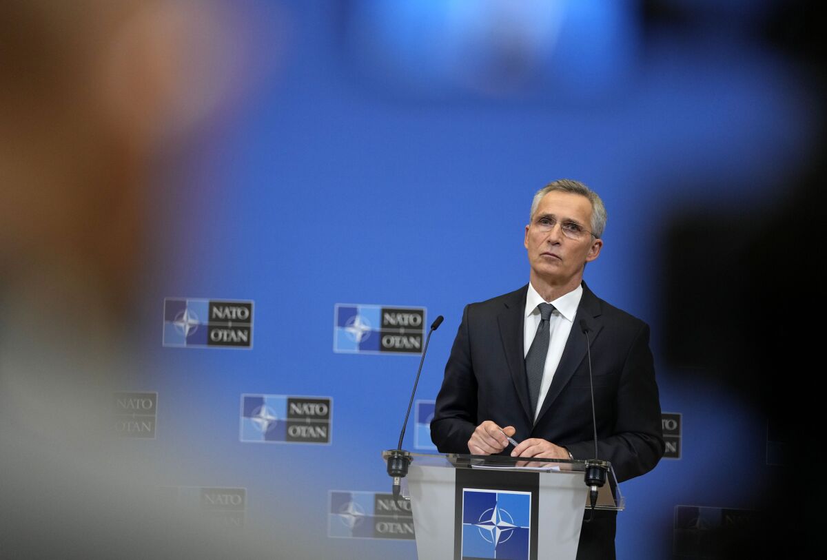 NATO Secretary General Jens Stoltenberg during a media conference at NATO headquarters in Brussels on Feb 24, 2022. 