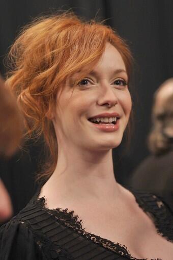 "Mad Men's" Christina Hendricks backstage at the Badgley Mischka fall 2010 Fashion Show.