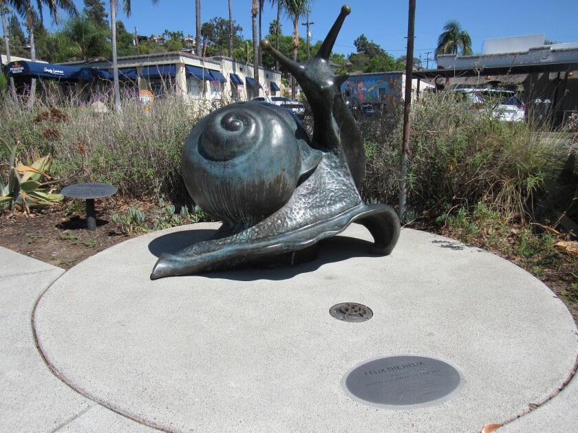 A large bronze sculpture of the Helix snail is one of the pieces of art in La Mesa.