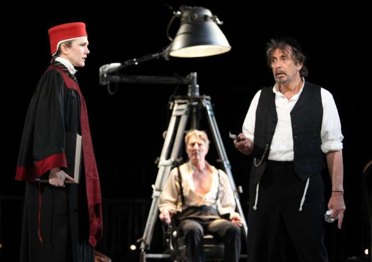 Lily Rabe, left, in a scene from the Public Theatre's 2010 production of "The Merchant of Venice," with Byron Jennings and Al Pacino.