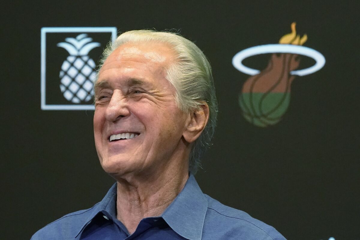 Miami Heat NBA basketball team president Pat Riley laughs as he speaks during his postseason news conference, Monday, June 6, 2022, in Miami. (AP Photo/Wilfredo Lee)