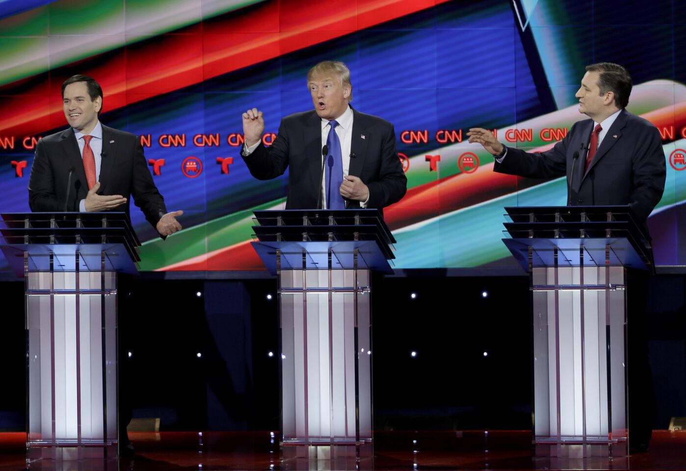 Republican presidential candidates, from left, Marco Rubio, Donald Trump and Ted Cruz in Thursday's debate in Houston.