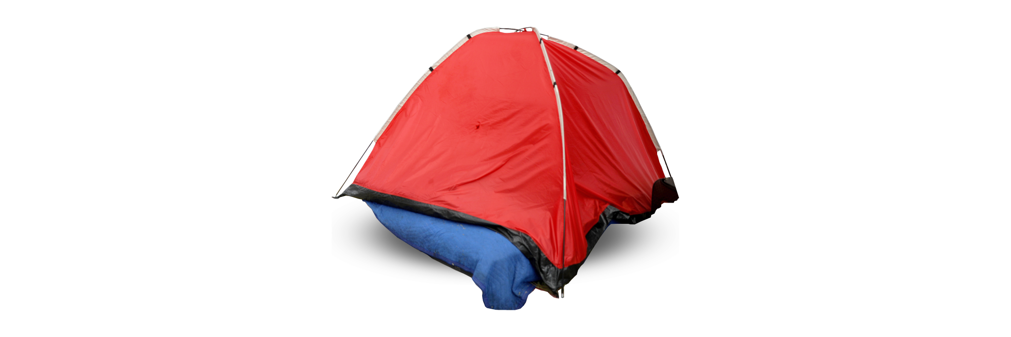 A red tent on top of a blue mattress
