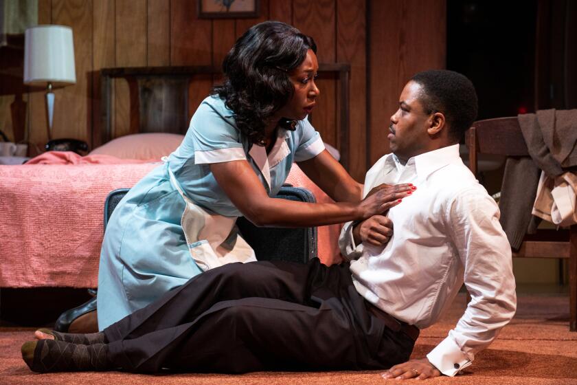 LAT Exclusive THE MOUNTAINTOP at Geffen Playhouse. Amanda Warren and Jon Michael Hill. Photo by Isaak Berliner