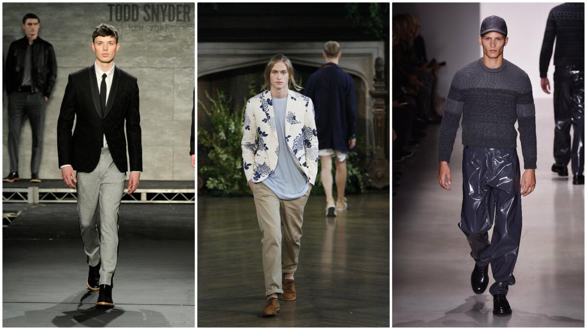 Spring 2015 runway looks from Todd Snyder (left) and Billy Reid (center) and a Fall 2015 look from Calvin Klein Collection (right). The menswear brands are among those on board for the debut of New York Fashion Week: Men's July 13 to 16.