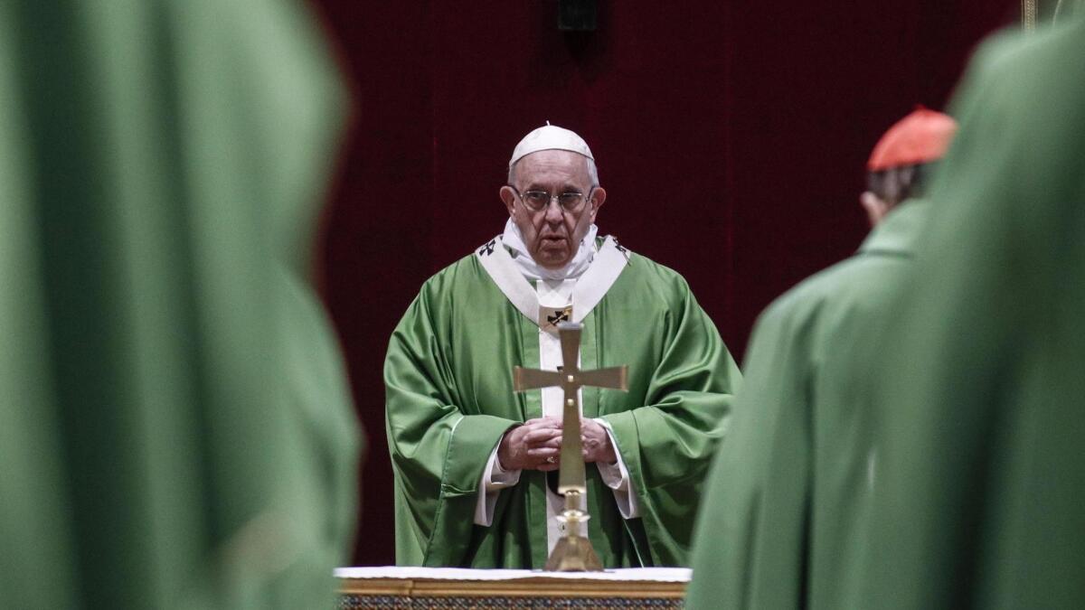 Pope Francis attends the Eucharistic celebration on Feb. 24, 2019, the final day of his Vatican summit on child sex abuse.