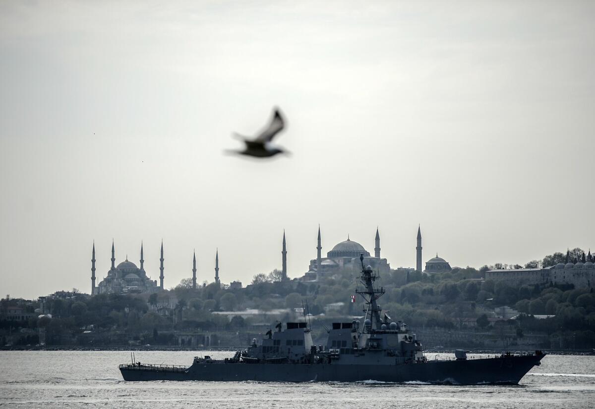 The U.S. guided-missile destroyer Donald Cook sails past Istanbul, Turkey, en route to the Black Sea.