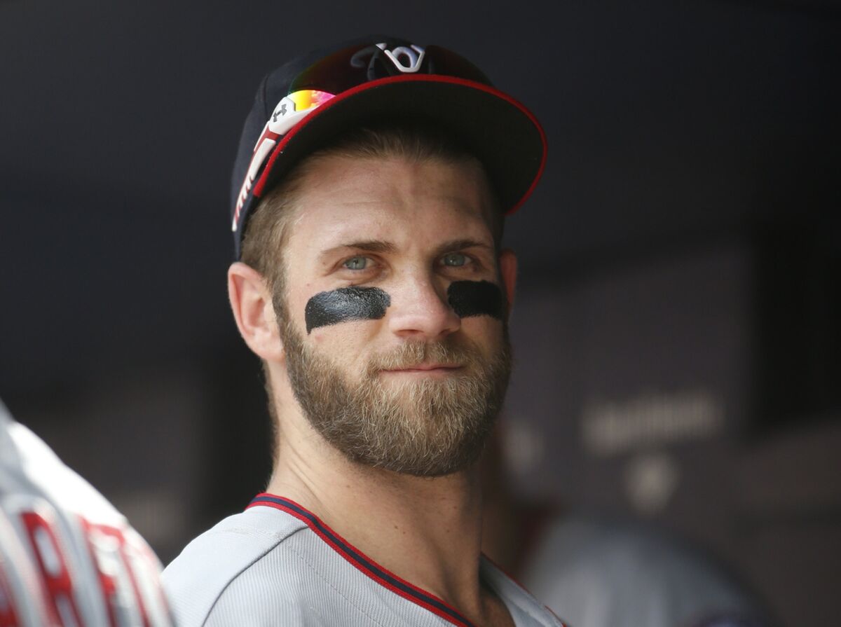 Washington Nationals outfielder Bryce Harper is seen in the dugout before a game against the New York Yankees on June 10.