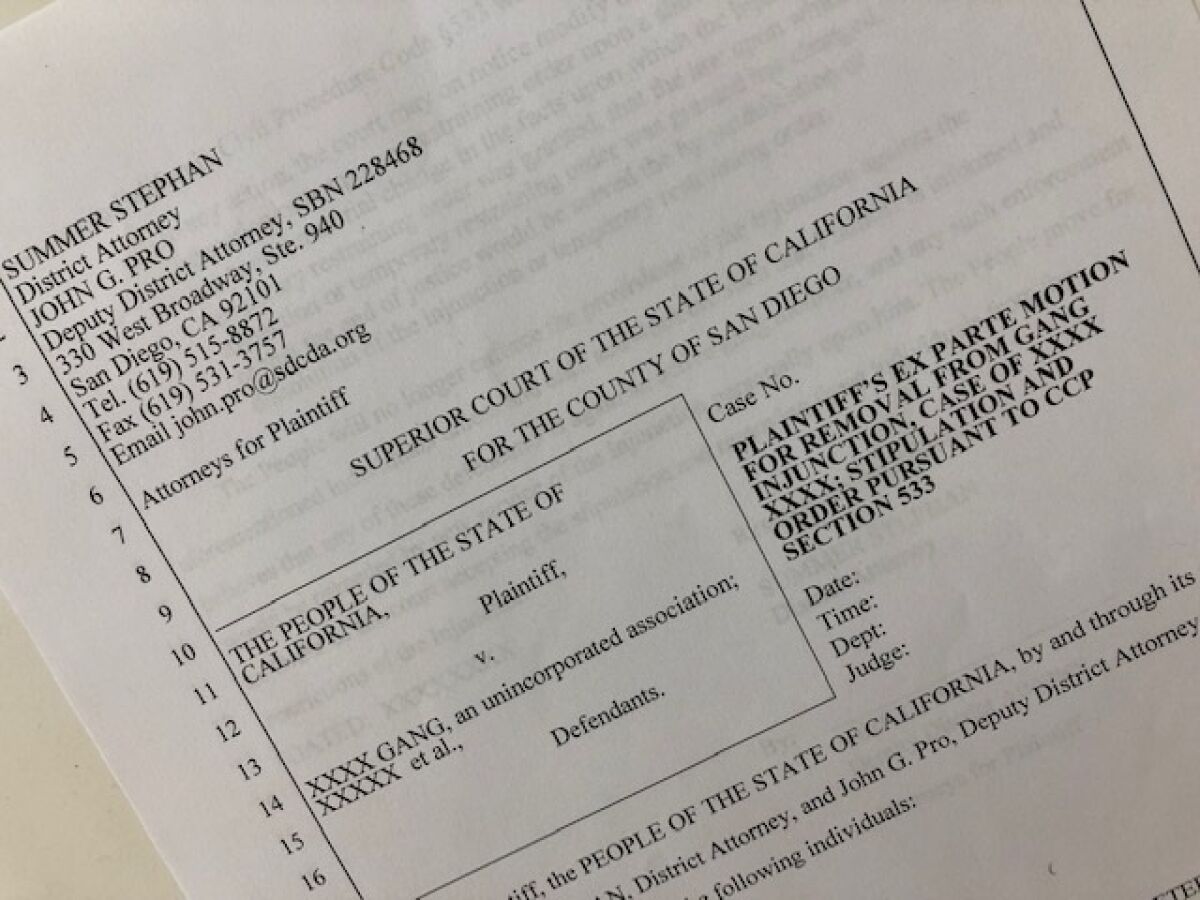 A copy of the types of petitions the District Attorney has been filing in San Diego Superior Court to have former gang members removed from restraining orders.