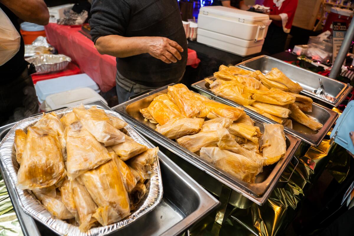 Steam trays filled with tamales at Tamalfest 2021 in Santa Ana.