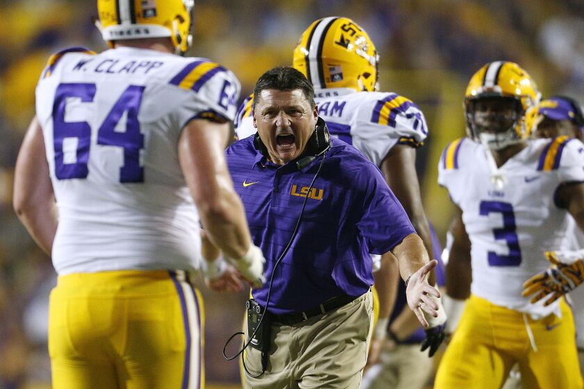 BATON ROUGE, LA - SEPTEMBER 09: Head coach Ed Orgeron of the LSU Tigers celebrates a touchdown during the second half of a game against the Chattanooga Mocs at Tiger Stadium on September 9, 2017 in Baton Rouge, Louisiana. (Photo by Jonathan Bachman/Getty Images)