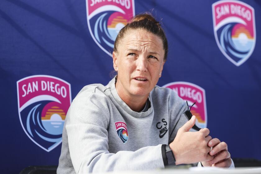 Del Mar, CA - September 15: San Diego Wave head coach Casey Stoney speaks to the media at the Wave training facility on Thursday, Sept. 15, 2022 in Del Mar, CA. (Meg McLaughlin / The San Diego Union-Tribune)