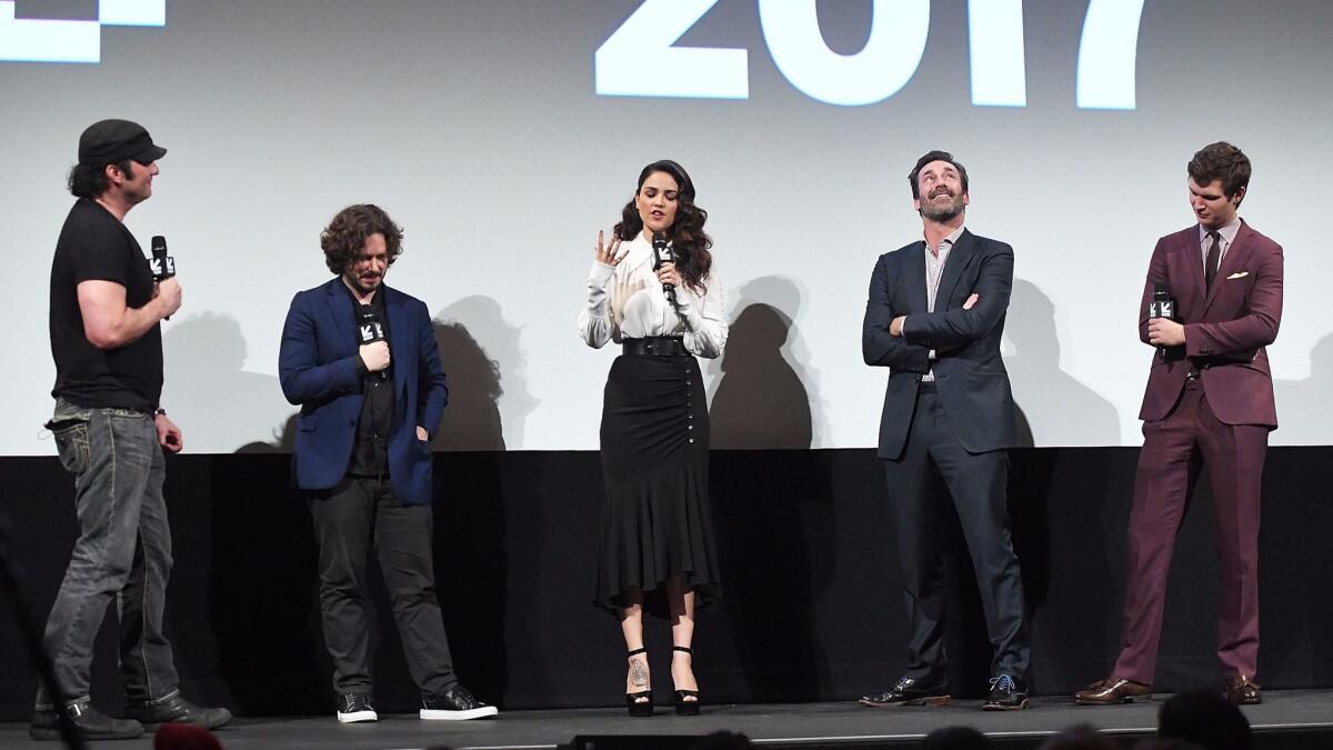 From left, filmmaker Robert Rodriguez, director Edgar Wright, actors Eiza Gonzalez, Jon Hamm and Ansel Elgort onstage during the "Baby Driver" premiere at SXSW.
