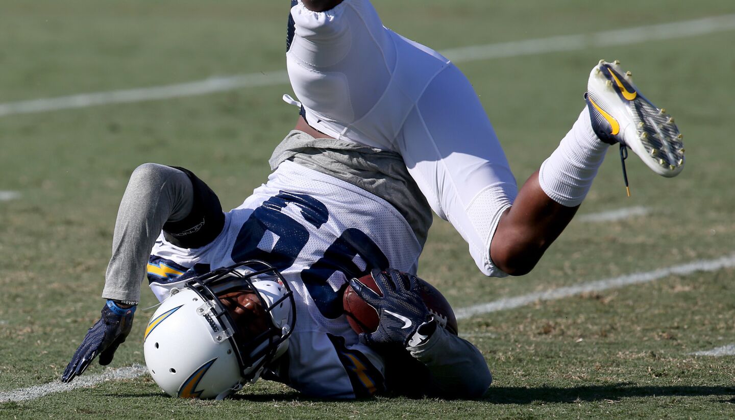 Chargers receiver Isaiah Burse makes a hard landing after pulling down a pass.