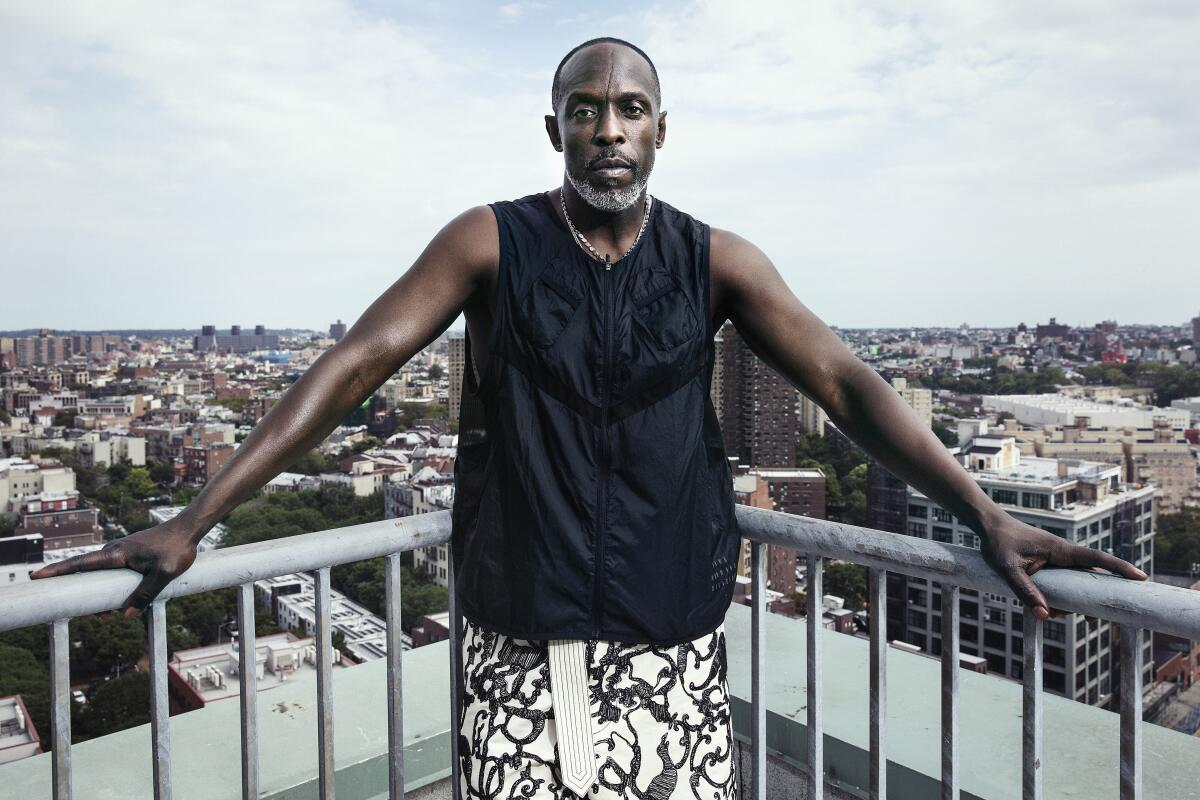 Michael K. Williams stands on a rooftop with his arms on the railings and his back to the cityscape.
