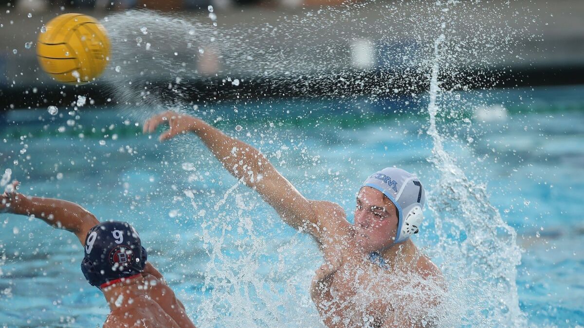 Corona del Mar High's Tanner Pulice scores one of his five goals in the wild-card round of the CIF Southern Section Division 2 playoffs at Beckman on Tuesday.