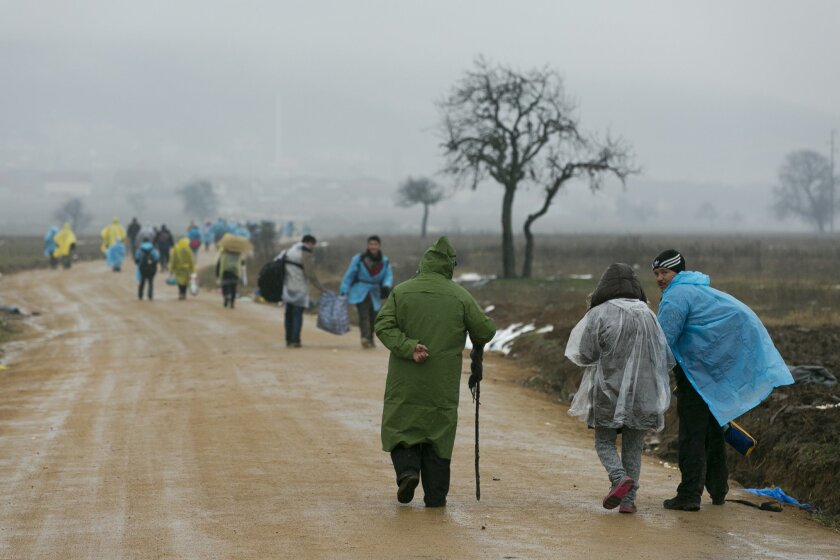 Migrants try to keep dry as they walk from the Macedonian border into Serbia, near the village of Miratovac, Serbia, Wednesday, Jan. 6, 2016. Hundreds of migrants continue to arrive daily into Serbia in order to register and continue their journey further north towards Western Europe. (AP Photo/Visar Kryeziu)