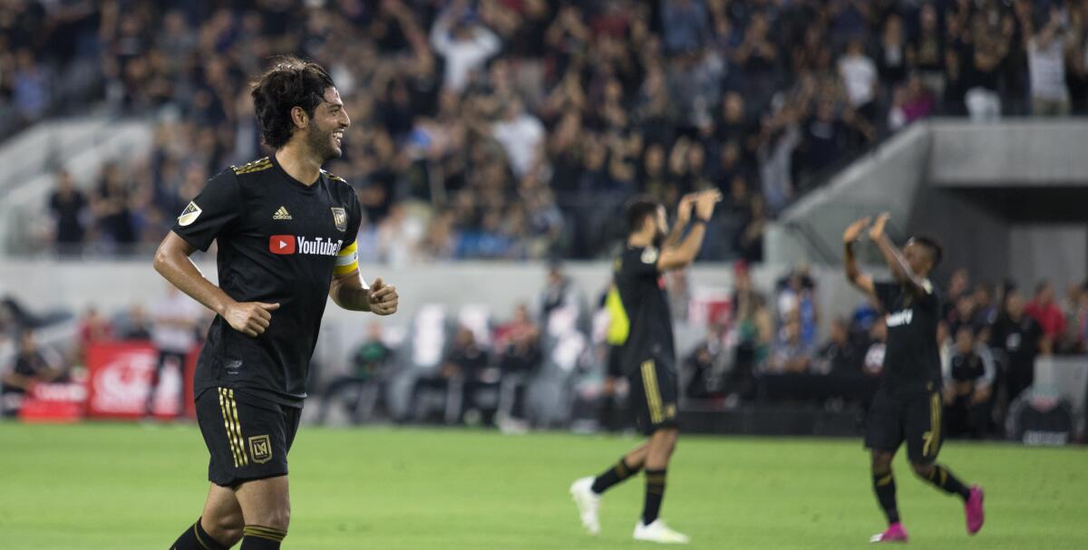 LAFC's Carlos Vela after assisting on a goal during a win over the New York Red Bulls on Aug. 11.