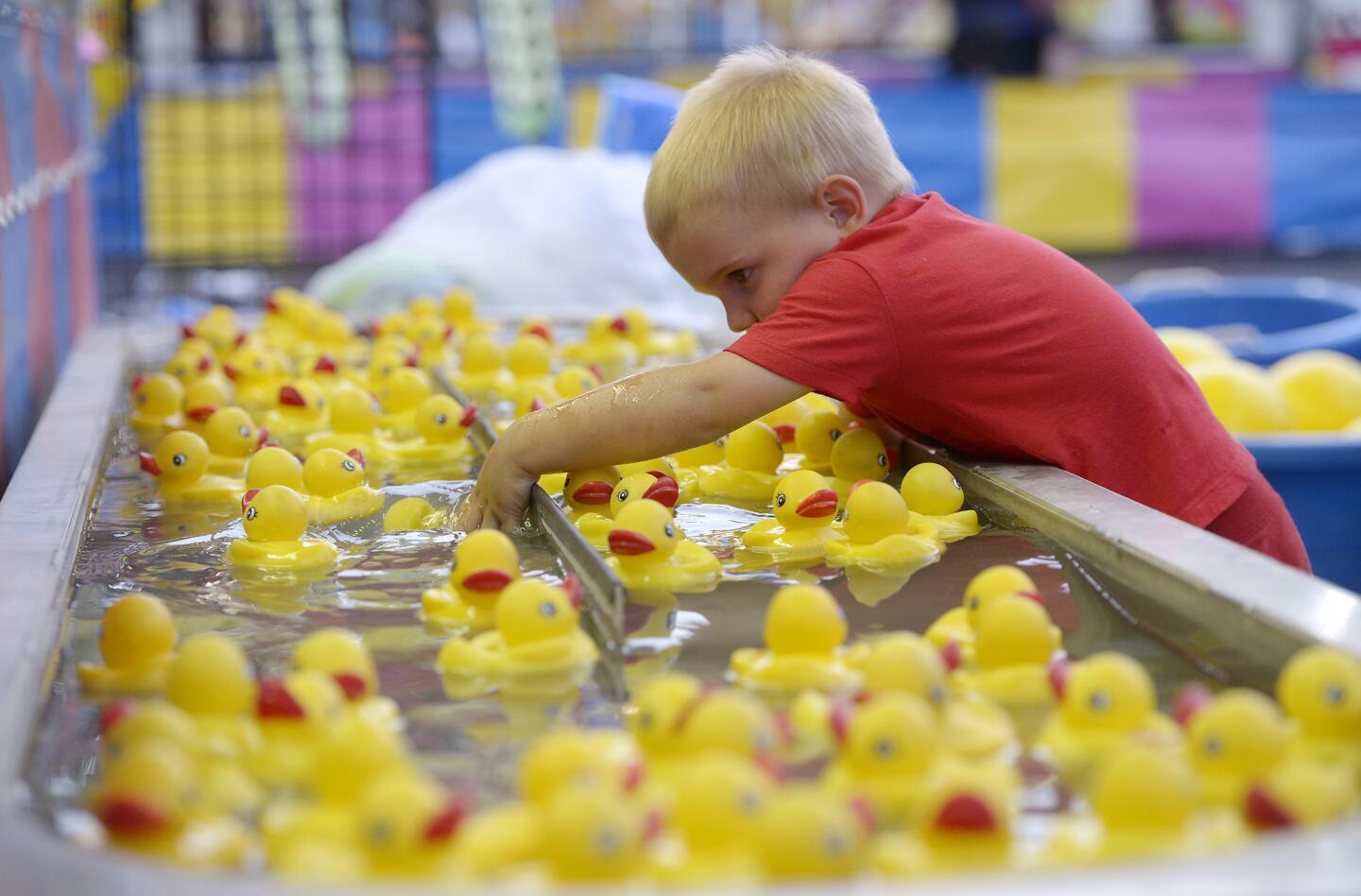 Bohdy Monks, 2, plays in the water of the Pick-a-Duck game at the Union Bridge fire company carnival Tuesday, May 28, 2019.