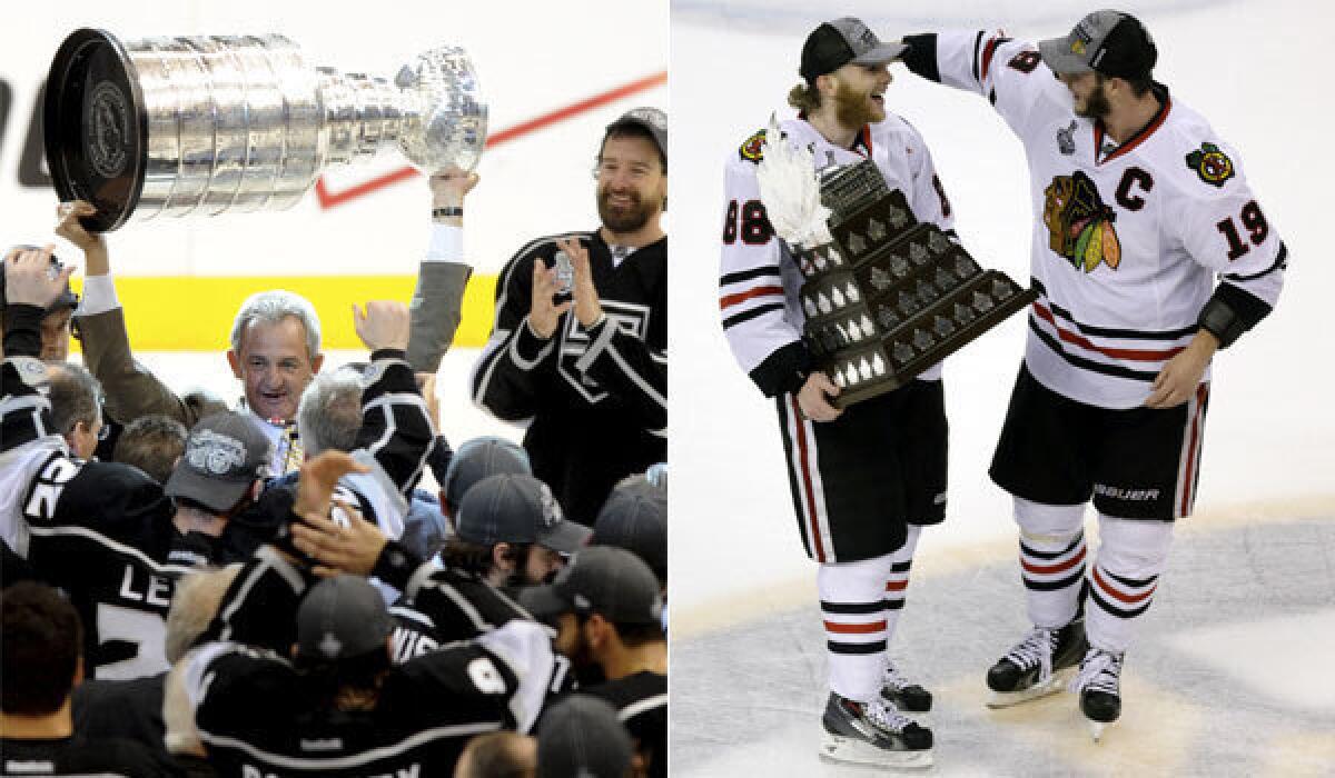 Coach Darryl Sutter and the Kings, left, celebrate with the Stanley Cup in 2012; Chicago's Patrick Kane is congratulated by Blackhawks teammate Jonathan Toews after winning the 2013 Conn Smythe trophy.