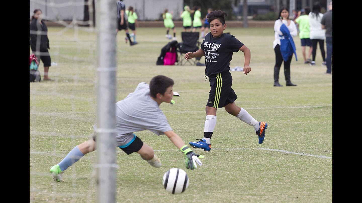 Rea's Jesus Cuenca, in black, watches as his shot rolls in past the goalie for a score during the Daily Pilot Cup boys' 5-6 Bronze Division game against California on Wednesday.