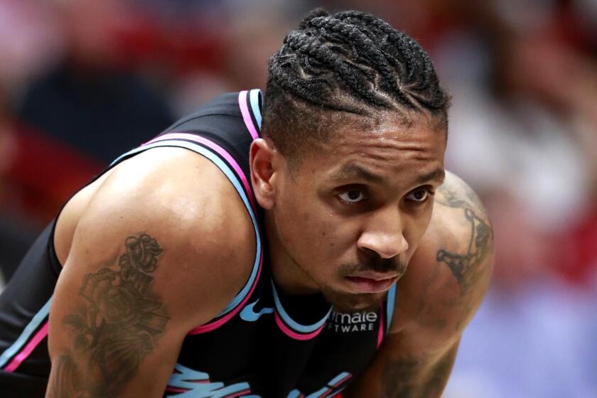 Miami Heat forward Rodney McGruder is shown during the first half of an NBA basketball game against the Detroit Pistons, Saturday, Feb. 23, 2019, in Miami. (AP Photo/Wilfredo Lee)