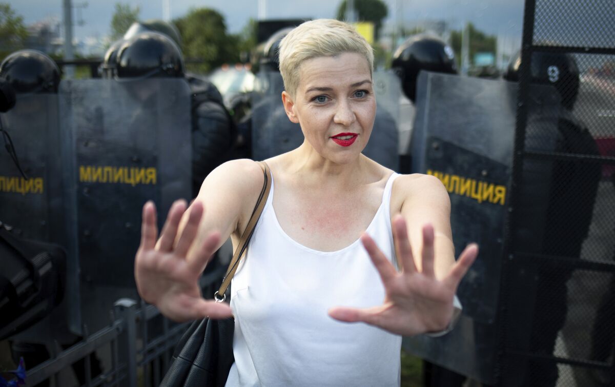 Maria Kolesnikova, one of Belarus' opposition leaders, gestures during a rally in Minsk, on Aug. 30.