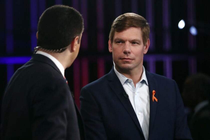 Democratic presidential candidate Rep. Eric Swalwell, D-Calif., speaks before the Democratic primary debate hosted by NBC News at the Adrienne Arsht Center for the Performing Arts, Wednesday, June 27, 2019, in Miami. (AP Photo/Brynn Anderson)