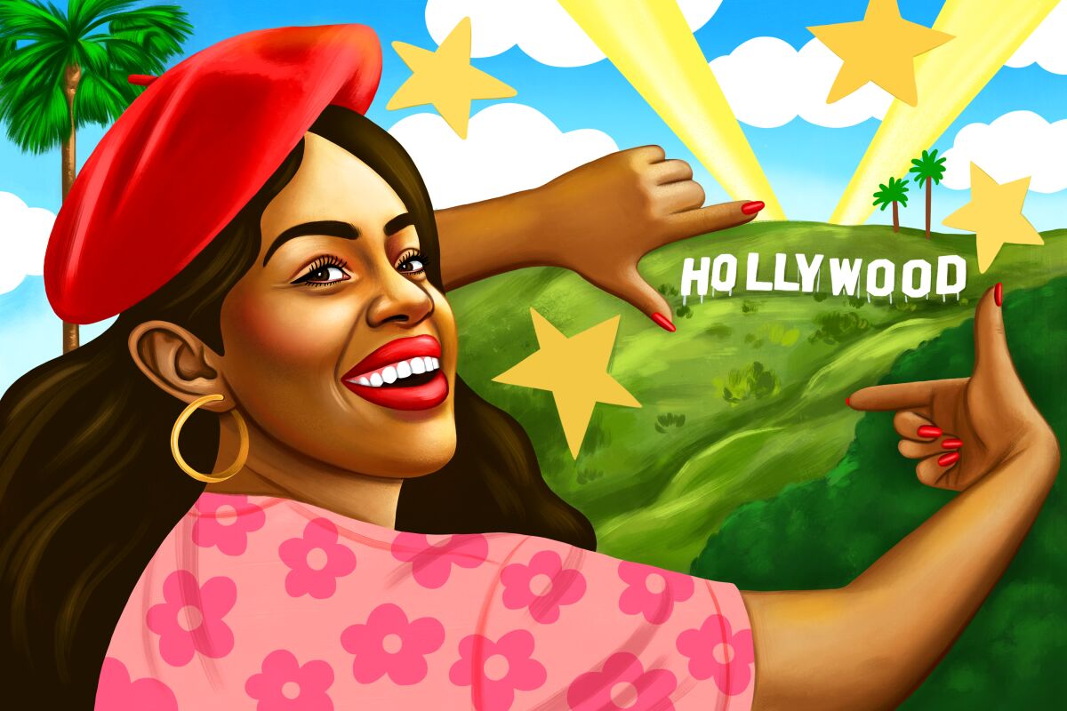 An illustration of a young woman in a red beret and hoop earrings, with the Hollywood sign in the background