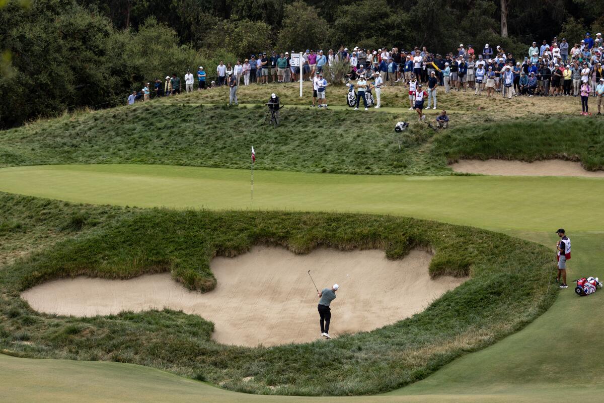 Alex Noren hits out of a greenside bunker on the sixth hole during the second round of the U.S. Open.