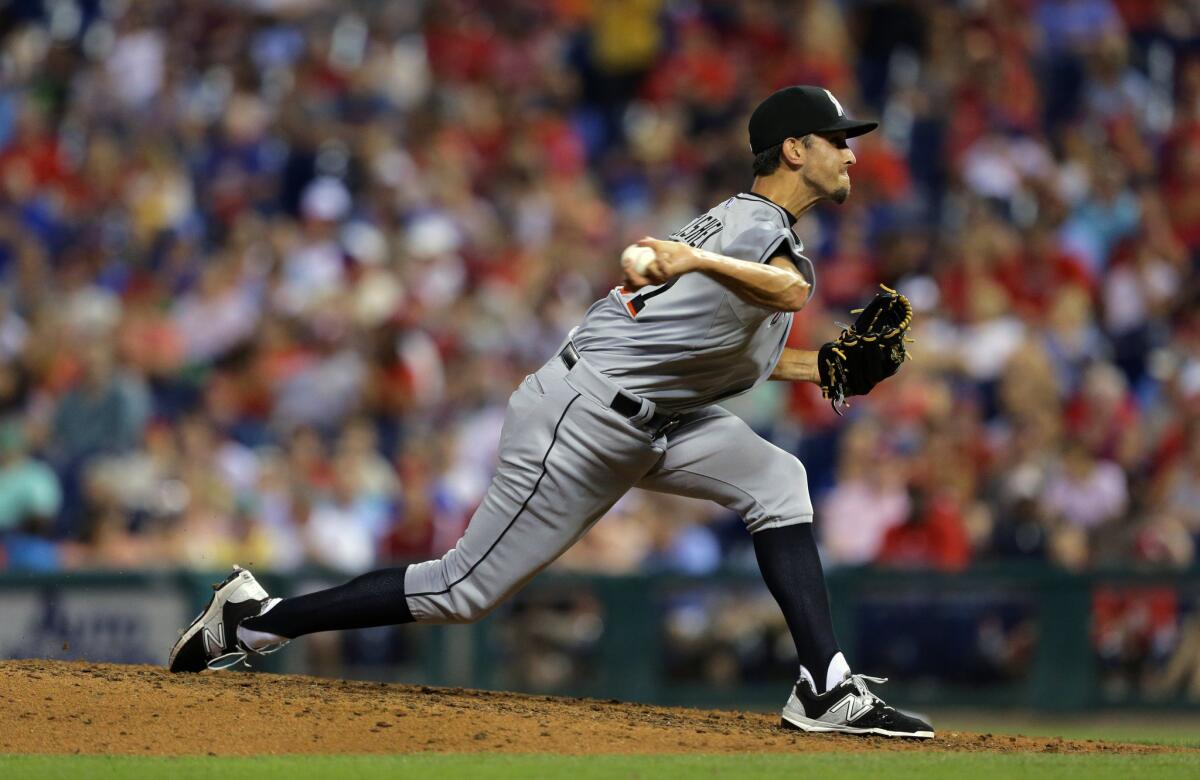 Reliever Steve Cishek delivers a pitch for the Marlins during a game against the Phillies in Philadelphia on July 18.