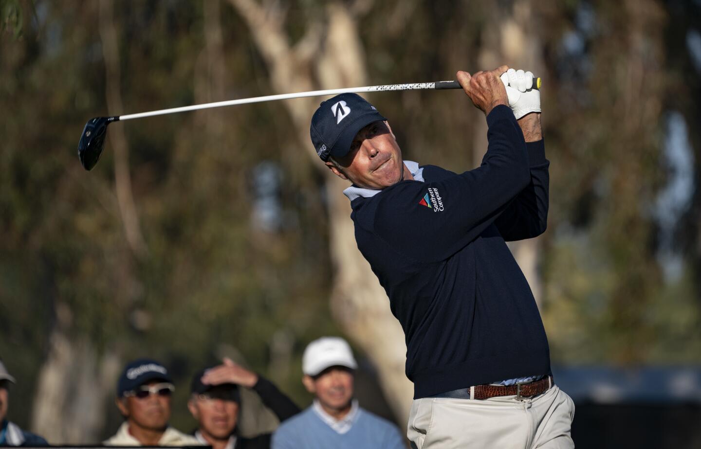 Matt Kuchar hits off the 15th tee during the second round of the Genesis Invitational at Riviera Country Club on Feb. 14, 2020.