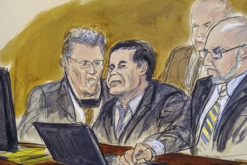 In this courtroom drawing, Joaquin El Chapo Guzman, center, listens to judge's answer to jury's question on Wednesday, Feb. 6, 2019, in New York. A jury at the U.S. trial of the infamous Mexican drug lord known as El Chapo has ended its third day of deliberations without a verdict. From left are an interpreter, Joaquin El Chapo Guzman, and attorney Eduardo Balazero. U.S. Marshals are seated behind the three men. (Elizabeth Williams via AP)