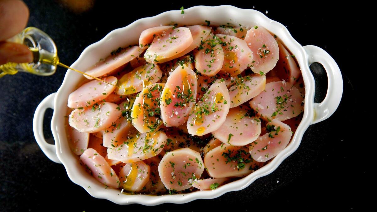 Boiled potatoes with olio nuovo.