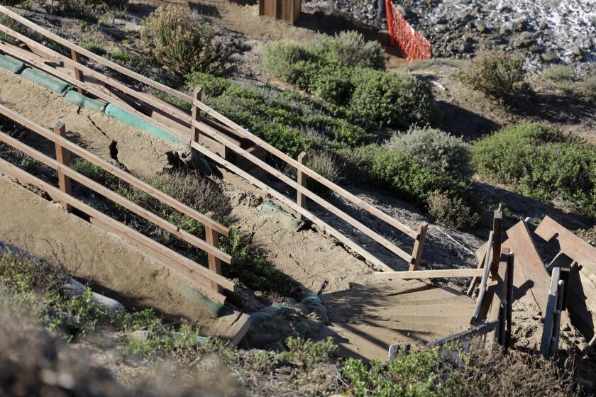 ENCINITAS, CA - JANUARY 12, 2024: A section of the Beacons Beach trail appears damaged from a landslide in Encinitas on Friday, January 12, 2024.