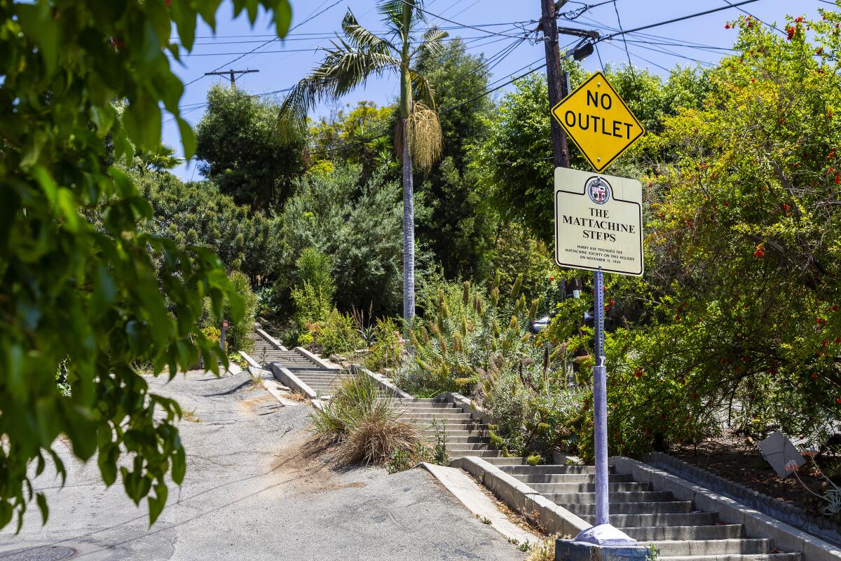 Street signs next to a concrete stairway.