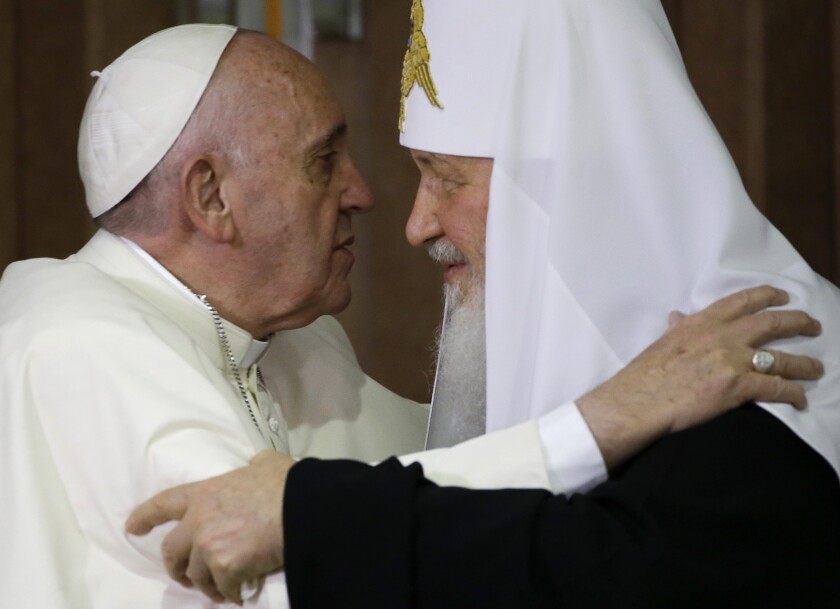 FILE - Pope Francis, left, embraces Russian Orthodox Patriarch Kirill after signing a joint declaration on religious unity in Havana, Cuba on Feb. 12, 2016. The head of the Polish bishops’ conference had done what Pope Francis has so far avoided doing by publicly condemning Russia’s invasion of Ukraine. Archbishop Stanislaw Gadecki also publicly urged the head of the Russian Orthodox Church to use his influence on Vladimir Putin to demand an end to the war and for Russian soldiers to stand down. “The time will come to settle these crimes, including before the international courts," Gadecki warned in his March 2 letter to Patriarch Kirill. (AP Photo/Gregorio Borgia, Pool)