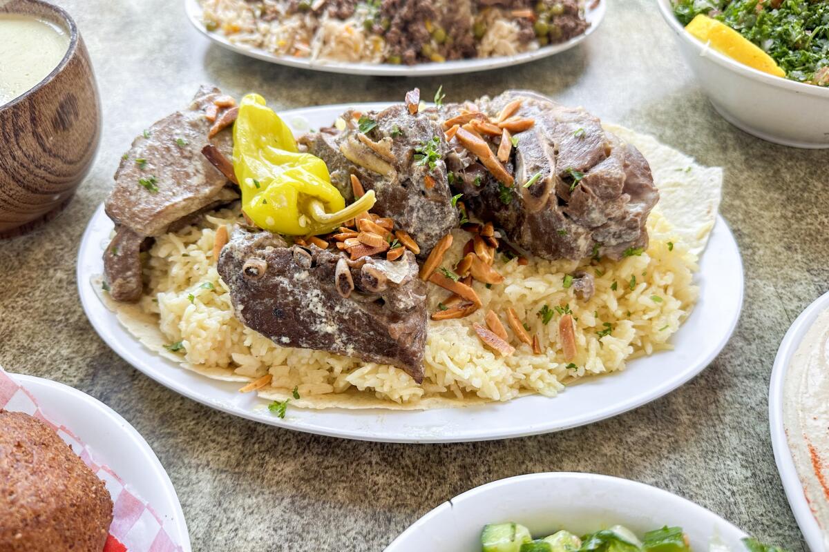 Mansaf, a standout dish at Syrian restaurant Mal Al Sham in El Cajon, CA.