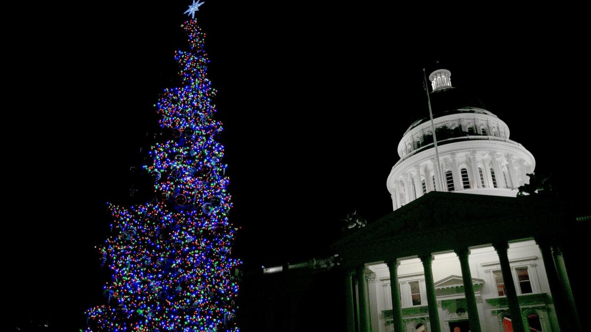 The 2017 Capitol Christmas tree glows after lighting ceremonies held by Gov. Jerry Brown and his wife, Anne Gust Brown.