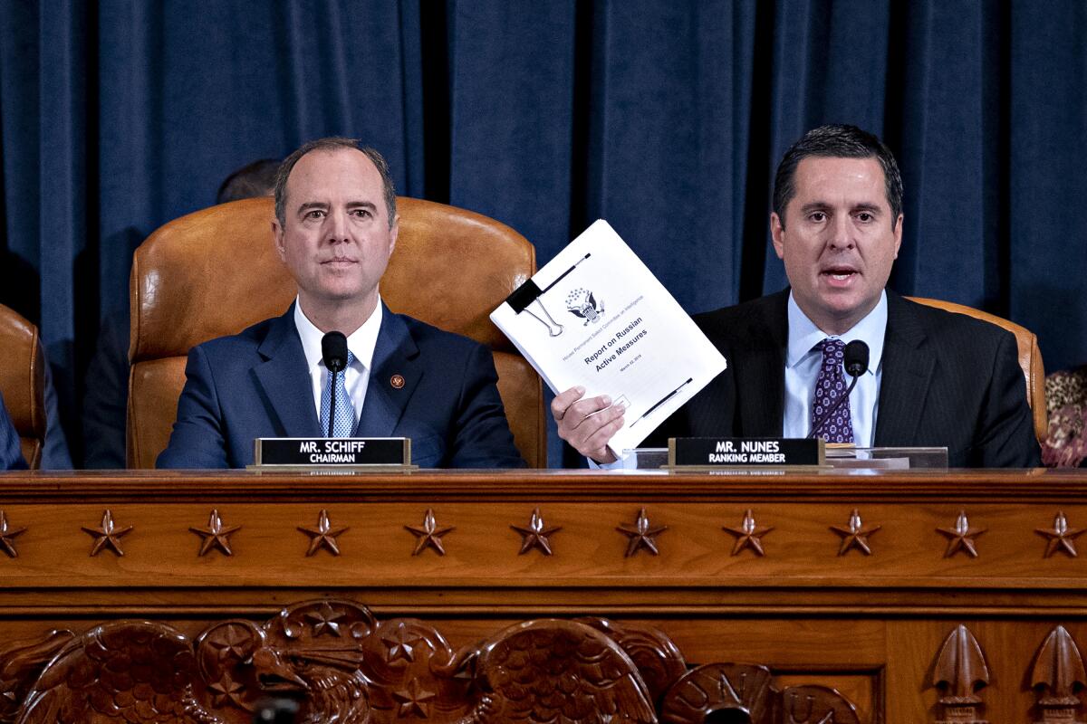 House Intelligence Committee Chairman Adam Schiff , left, and ranking Republican Devin Nunes