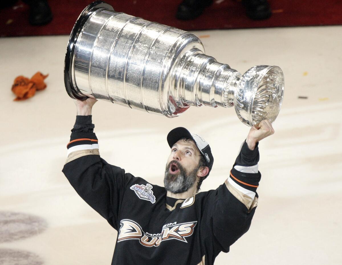 Scott Niedermayer celebrates after helping lead the Ducks to a Stanley Cup championship in 2007. The former defenseman was elected to the Hockey Hall of Fame on Tuesday.